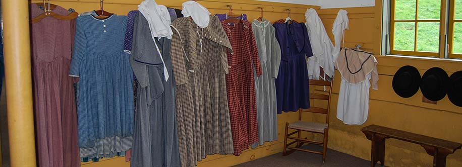 women and girls' clothing display at Hancock Shaker Village, Hancock, Massachusetts
