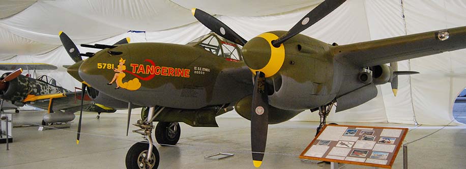 Tillamook Air Museum exhibit of a P-38 Lightning in Tillamook, Oregon