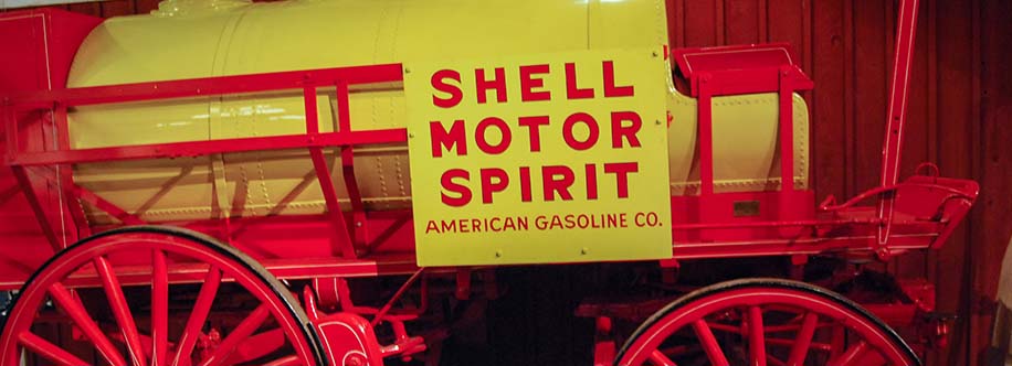 Lynden Pioneer Museum exhibit of an century-old Shell Morot Spirit gasoline transport wagon.